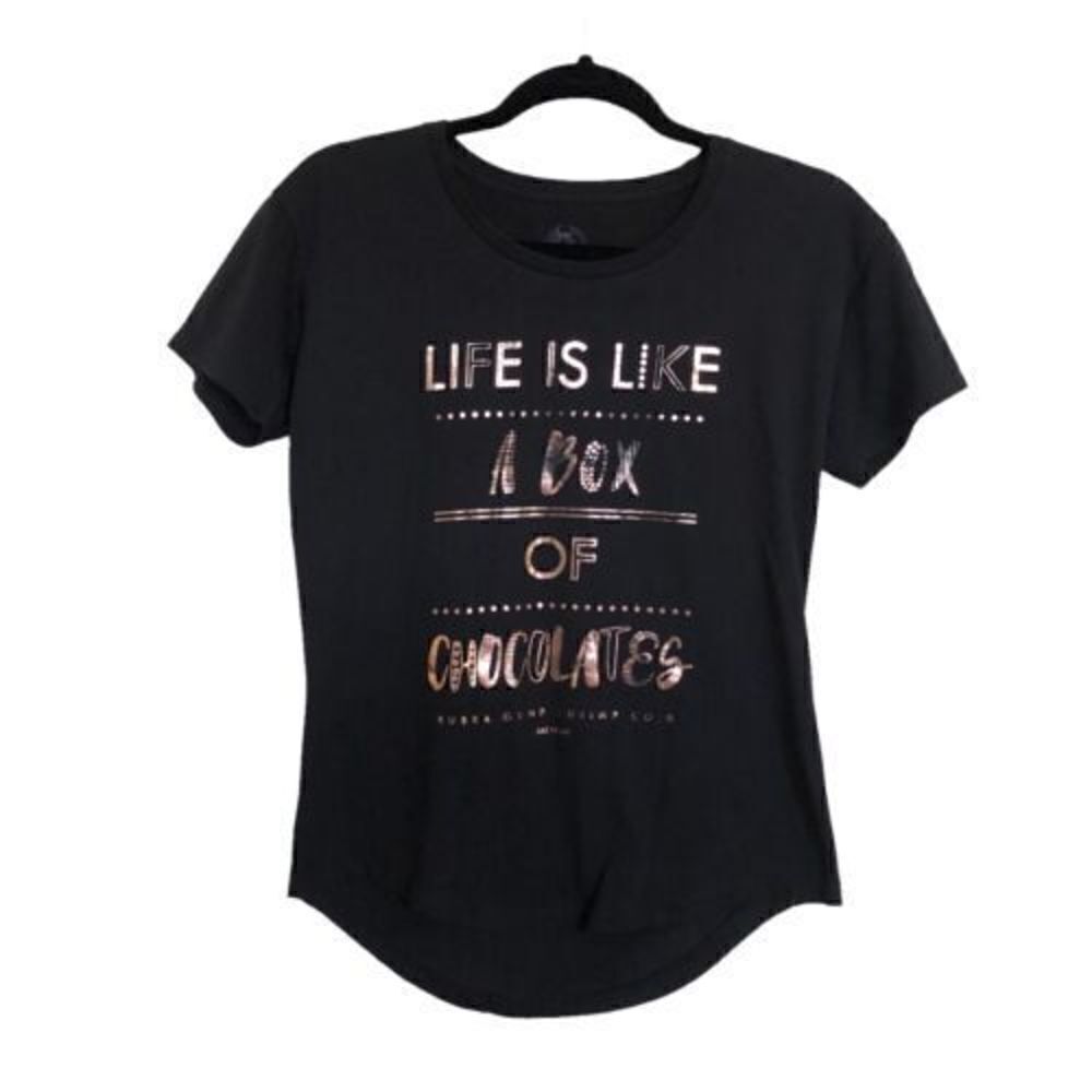 Bubba Gump Womens T Shirt Sz Medium Life Is Like A Box Of Chocolates Black Gold